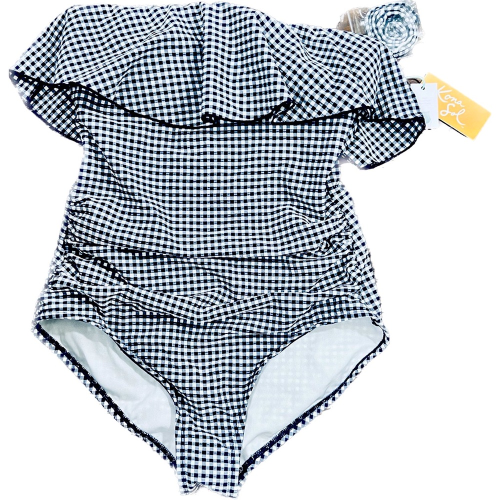Kona Sol Navy Gingham One Piece Swimsuit Size S (4-6) Removable Straps NWT - Picture 3 of 10